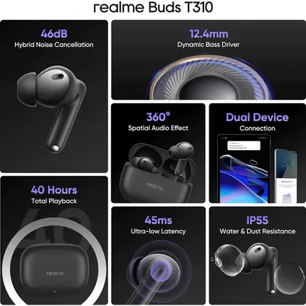 ყურსასმენი REALME BUDS T310 BLACK, 4 imageყურსასმენი REALME BUDS T310 BLACK, 4 imageყურსასმენი REALME BUDS T310 BLACK, 4 image