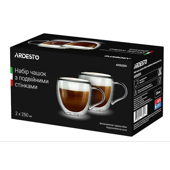 ჭიქა ARDESTO Double wall borosilicate glass mug set 250 ml 2 pcs with handles, 2 imageჭიქა ARDESTO Double wall borosilicate glass mug set 250 ml 2 pcs with handles, 2 imageჭიქა ARDESTO Double wall borosilicate glass mug set 250 ml 2 pcs with handles, 2 image
