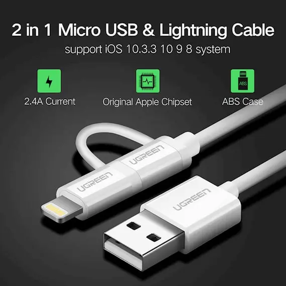USB cable UGREEN US178 (20876) USB 2.0 to Micro USB + Lightning (2 in 1) Data Cable 1M, 5 imageUSB cable UGREEN US178 (20876) USB 2.0 to Micro USB + Lightning (2 in 1) Data Cable 1M, 5 imageUSB cable UGREEN US178 (20876) USB 2.0 to Micro USB + Lightning (2 in 1) Data Cable 1M, 5 image