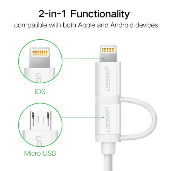 USB cable UGREEN US178 (20876) USB 2.0 to Micro USB + Lightning (2 in 1) Data Cable 1M, 2 imageUSB cable UGREEN US178 (20876) USB 2.0 to Micro USB + Lightning (2 in 1) Data Cable 1M, 2 imageUSB cable UGREEN US178 (20876) USB 2.0 to Micro USB + Lightning (2 in 1) Data Cable 1M, 2 image