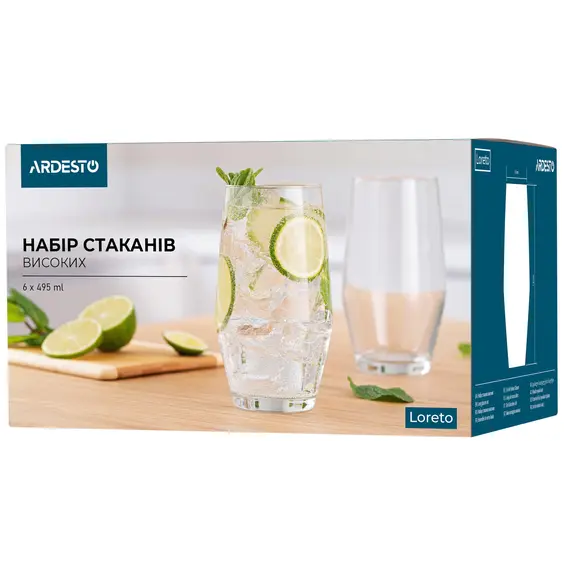 ჭიქების ნაკრები Ardesto Long glasses set Loreto 495 ml, 6 pcs, glass, 2 imageჭიქების ნაკრები Ardesto Long glasses set Loreto 495 ml, 6 pcs, glass, 2 imageჭიქების ნაკრები Ardesto Long glasses set Loreto 495 ml, 6 pcs, glass, 2 image