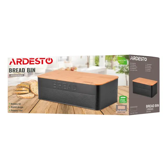 პურის შესანახი Ardesto Bread bin Midori 33х18х12cm, metal, bamboo, black, 8 imageპურის შესანახი Ardesto Bread bin Midori 33х18х12cm, metal, bamboo, black, 8 imageპურის შესანახი Ardesto Bread bin Midori 33х18х12cm, metal, bamboo, black, 8 image