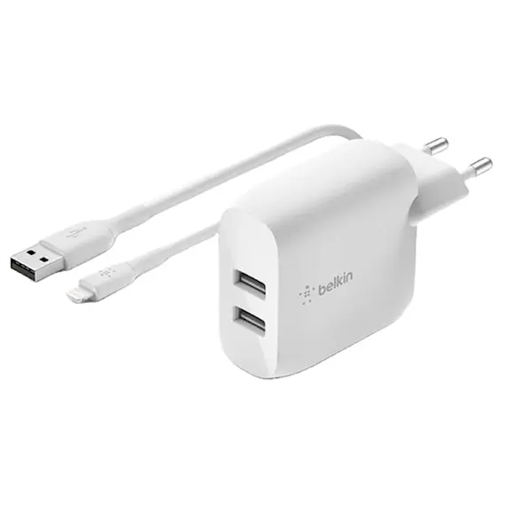 Belkin Wall Charger 24W USB-A, 1M PVC A-LTG, whiteBelkin Wall Charger 24W USB-A, 1M PVC A-LTG, whiteBelkin Wall Charger 24W USB-A, 1M PVC A-LTG, white