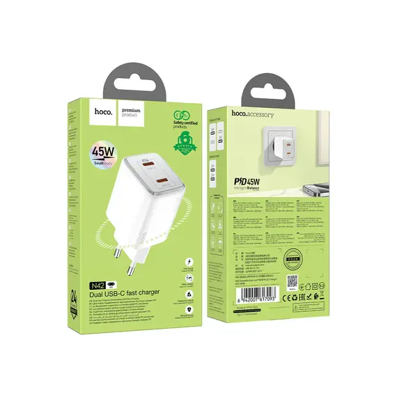 ადაპტერი Hoco N42 Elogiado dual-port PD45W (2C) charger white, 4 imageადაპტერი Hoco N42 Elogiado dual-port PD45W (2C) charger white, 4 imageადაპტერი Hoco N42 Elogiado dual-port PD45W (2C) charger white, 4 image