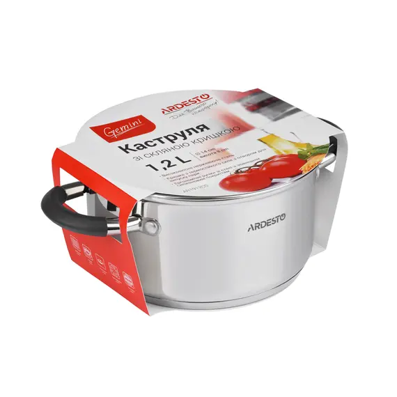 Ardesto Casserole with glass lid Gemini Salerno, 1.2l, stainless steel, silicone, 3 imageArdesto Casserole with glass lid Gemini Salerno, 1.2l, stainless steel, silicone, 3 imageArdesto Casserole with glass lid Gemini Salerno, 1.2l, stainless steel, silicone, 3 image