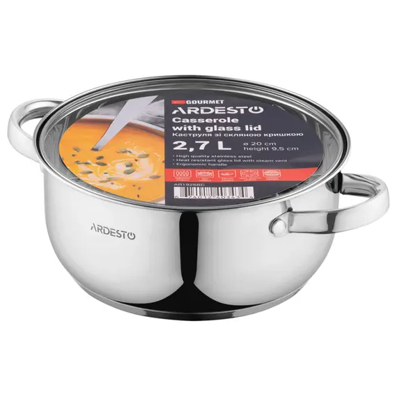 Ardesto Casserole with glass lid Gemini Gourmet Aosta, 2.7l, stainless steel, 3 imageArdesto Casserole with glass lid Gemini Gourmet Aosta, 2.7l, stainless steel, 3 imageArdesto Casserole with glass lid Gemini Gourmet Aosta, 2.7l, stainless steel, 3 image
