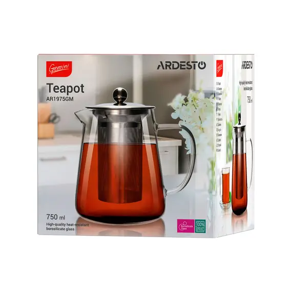 Ardesto Teapot Gemini Milano, 750ml, borosilicate glass, stainless steel, transparent, 2 imageArdesto Teapot Gemini Milano, 750ml, borosilicate glass, stainless steel, transparent, 2 imageArdesto Teapot Gemini Milano, 750ml, borosilicate glass, stainless steel, transparent, 2 image