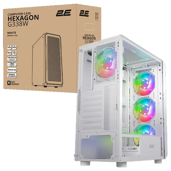 Computer case 2E Hexagon G338W, without PSU, 2xUSB 3.0, 1xUSB Type-C, 1x120mm, 3x120mm ARGB, TG Side Panel, ATX, WhiteComputer case 2E Hexagon G338W, without PSU, 2xUSB 3.0, 1xUSB Type-C, 1x120mm, 3x120mm ARGB, TG Side Panel, ATX, WhiteComputer case 2E Hexagon G338W, without PSU, 2xUSB 3.0, 1xUSB Type-C, 1x120mm, 3x120mm ARGB, TG Side Panel, ATX, White
