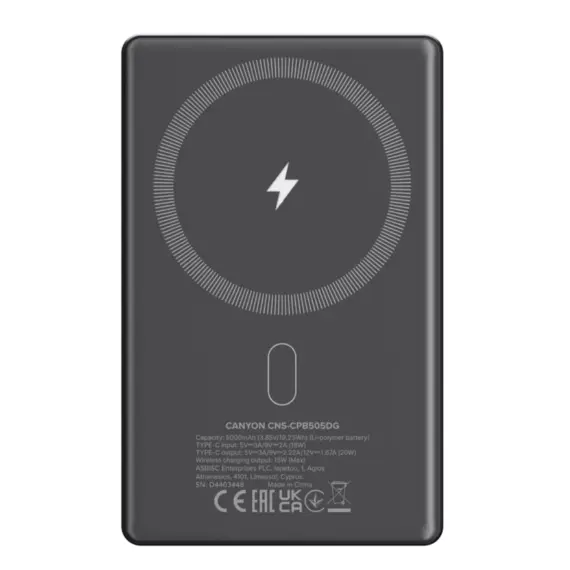 Portable charger CANYON power bank OnPower 505 slim Magnetic 5000 Dark Gray (CNS-CPB505DG), 3 imagePortable charger CANYON power bank OnPower 505 slim Magnetic 5000 Dark Gray (CNS-CPB505DG), 3 imagePortable charger CANYON power bank OnPower 505 slim Magnetic 5000 Dark Gray (CNS-CPB505DG), 3 image